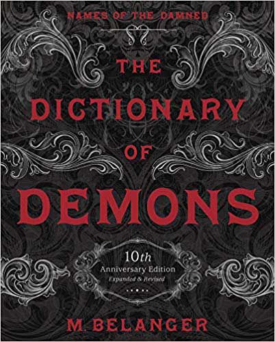 Dictionary of Demons book cover featuring bold red title text over intricate black patterned background with occult symbols.