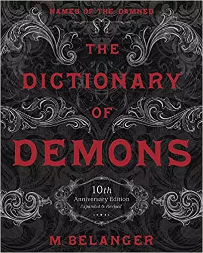 Dictionary of Demons book cover featuring bold red title text over intricate black patterned background with occult symbols.