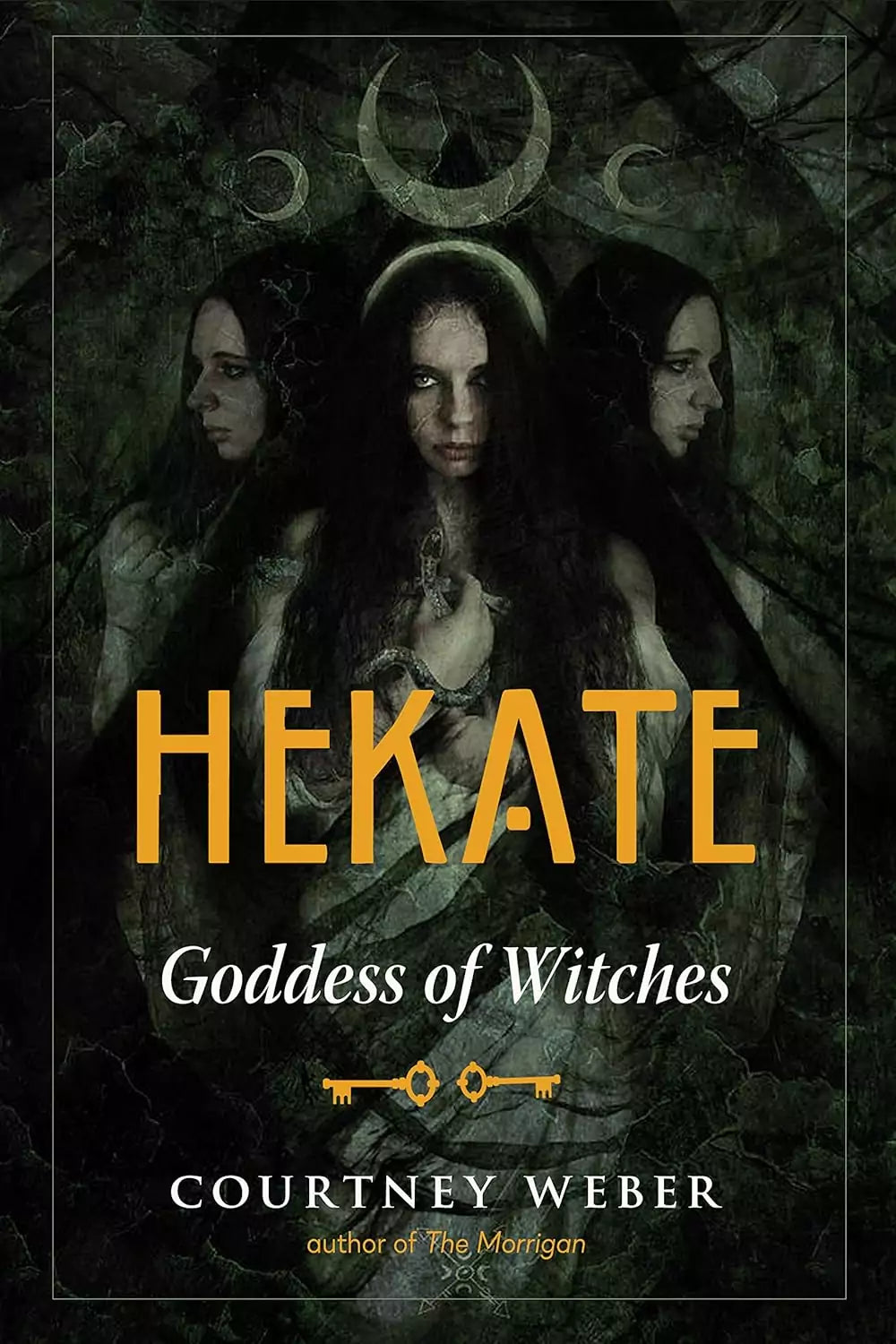 Hekate Goddess of Witches book cover featuring a central dark figure representing Hekate surrounded by atmospheric ghostly imagery on black background.