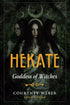 Hekate Goddess of Witches book cover featuring a central dark figure representing Hekate surrounded by atmospheric ghostly imagery on black background.
