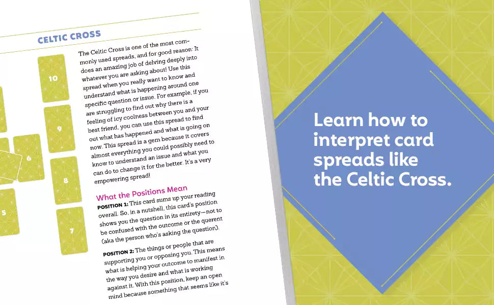 Interior pages of How to Read Tarot by Jessica Wiggan showing card interpretation text and tarot card imagery — modern beginner&