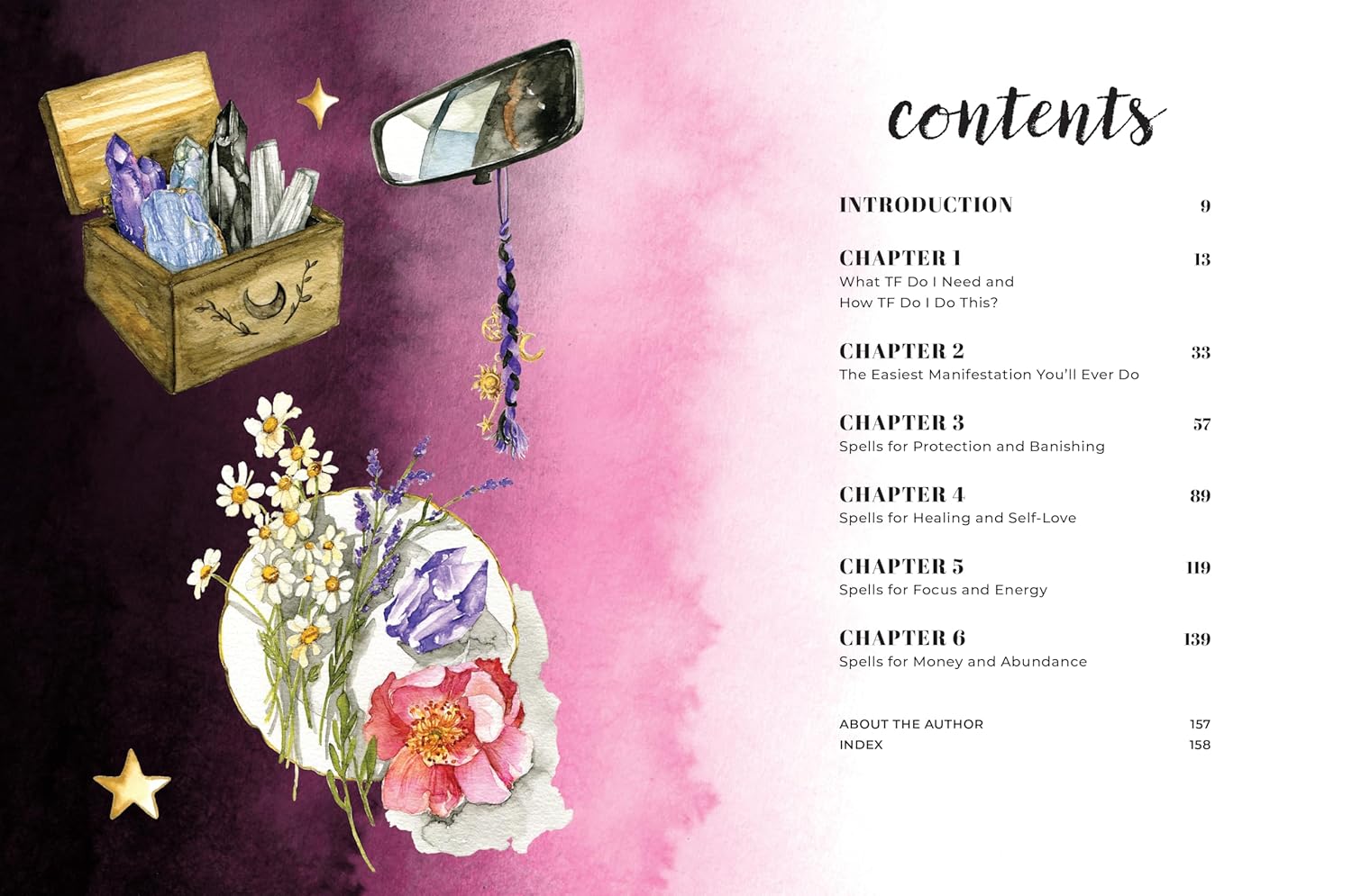 Interior table of contents from Lazy Witchcraft showing a wooden box of crystals, a mirror, and botanical elements on a decorative page.