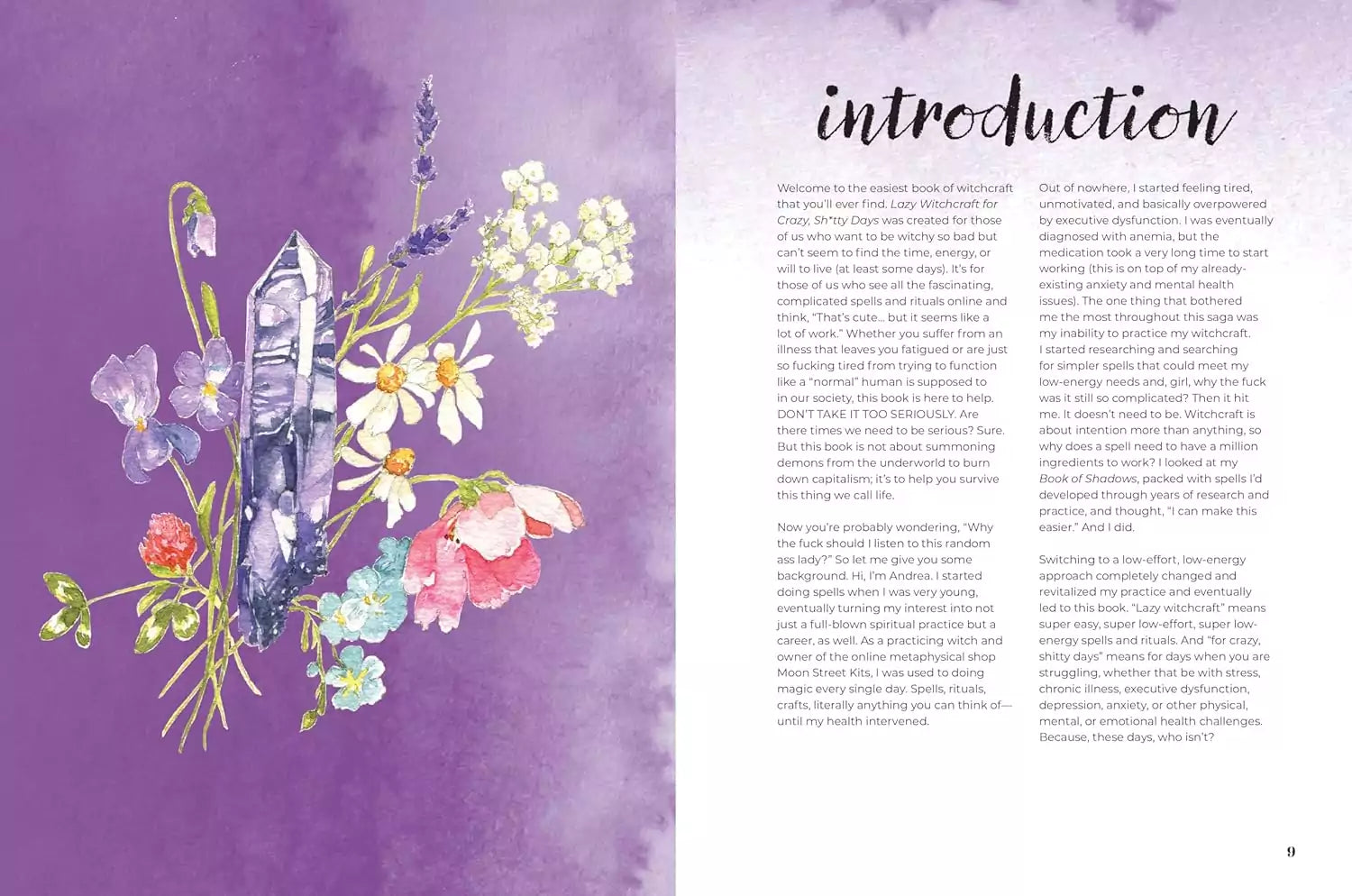 Interior illustration from Lazy Witchcraft featuring flowers and a crystal on a purple background with accompanying spell text.
