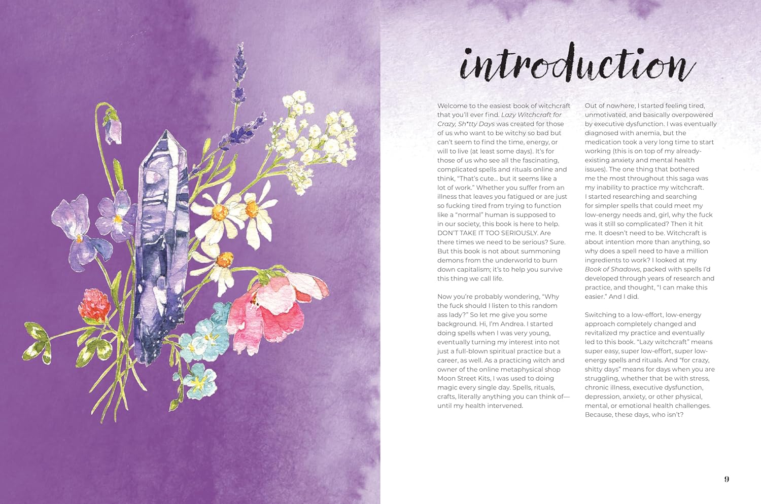 Interior illustration from Lazy Witchcraft featuring flowers and a crystal on a purple background with accompanying spell text.