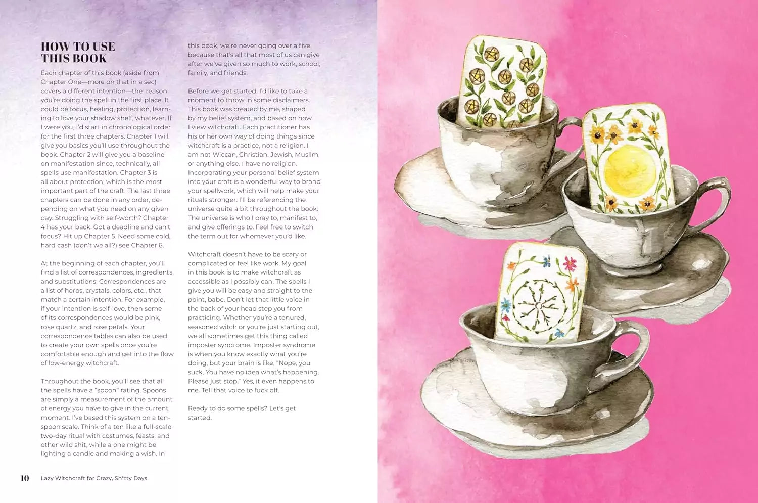 Interior image from Lazy Witchcraft showing three silver teacups with decorative teabags — illustrating a simple tea-based spell on a pink background.