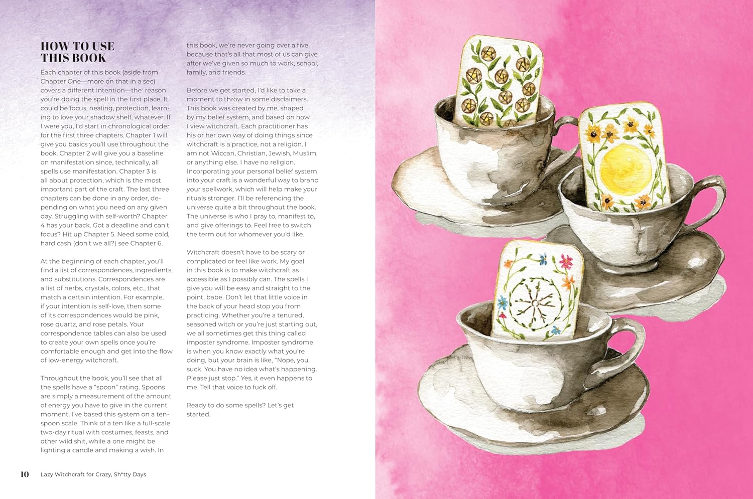 Interior image from Lazy Witchcraft showing three silver teacups with decorative teabags — illustrating a simple tea-based spell on a pink background.