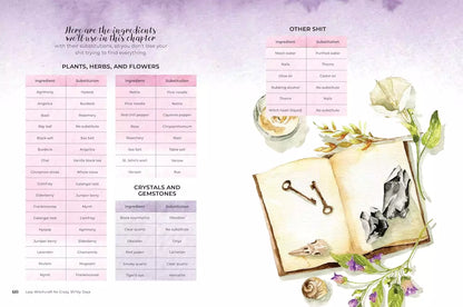 Interior spread from Lazy Witchcraft featuring a list of plants, herbs, and crystals with colorful botanical illustrations.