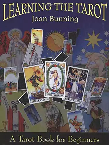 Learning the Tarot book cover by Joan Bunning — colorful design featuring tarot card illustrations for this comprehensive beginners tarot instruction textbook.