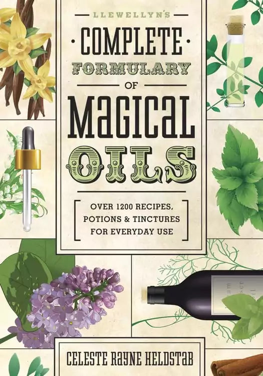 Llewellyn Complete Formulary of Magical Oils by Celeste Heldstab — thick reference paperback with Llewellyn Publications branding.