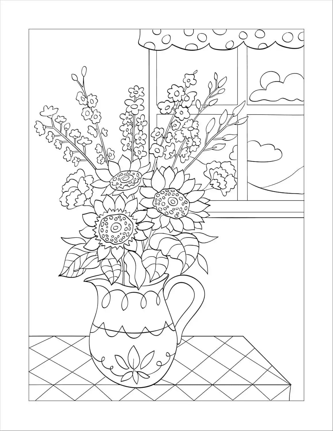 Coloring book line drawing of a vase of sunflowers and mixed floral arrangement ready to be colored