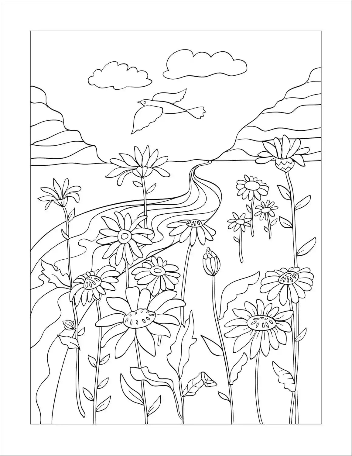 Coloring book page showing a peaceful landscape with rolling hills, wildflowers, and a tree silhouette