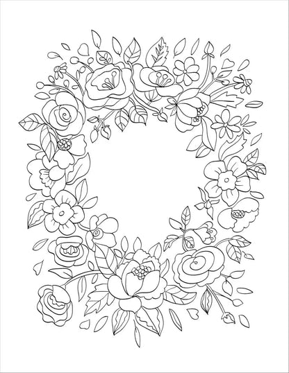 Decorative floral coloring book page featuring an intricate outline of various flowers arranged in a heart shape