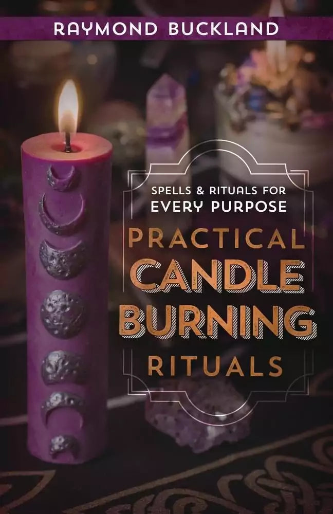 Purple ritual candle burning against a blurred background of crystals and spiritual items, alongside the Practical Candleburning Rituals book by Raymond Buckland.