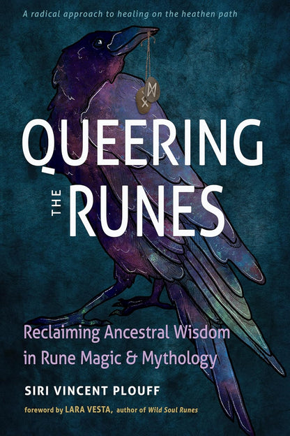 Queering the Runes book cover featuring a raven against a dark mystical background with the title in bold text.