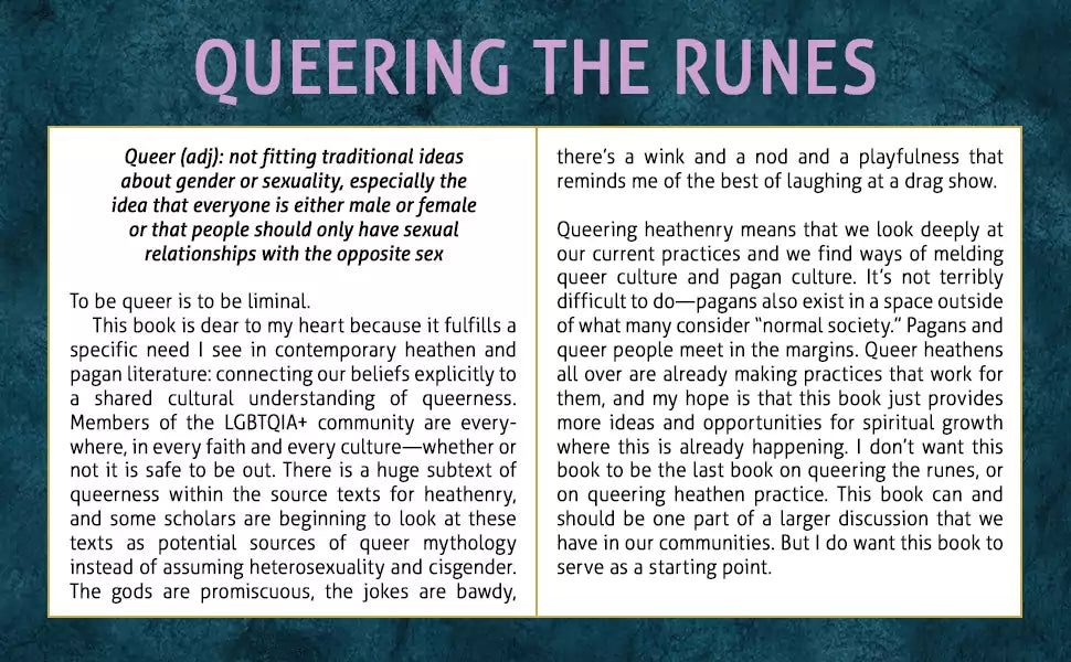 Interior spread from Queering the Runes showing a definition of queer and discussion of inclusive runic interpretation.