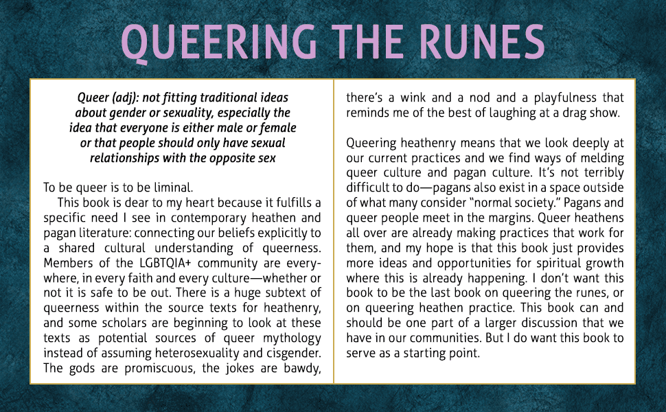 Interior spread from Queering the Runes showing a definition of queer and discussion of inclusive runic interpretation.