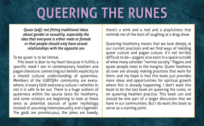 Interior spread from Queering the Runes showing a definition of queer and discussion of inclusive runic interpretation.