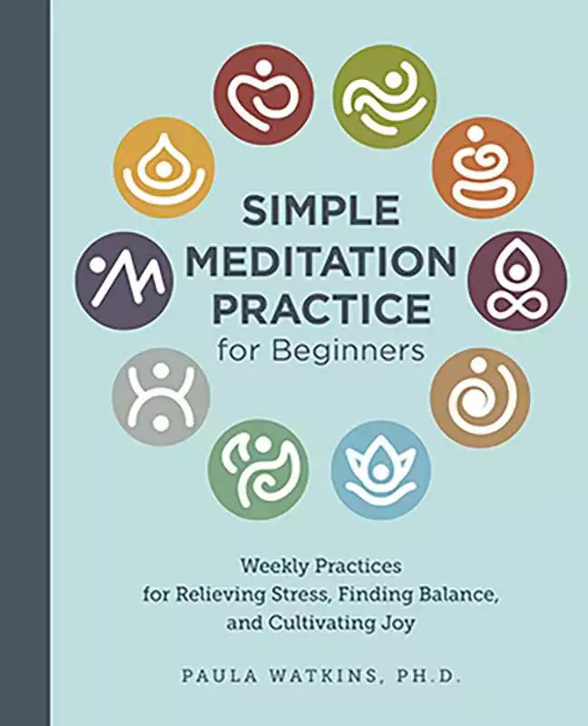 Book cover of Simple Meditation Practice for Beginners by Paula Watkins, showing meditation symbols in a circular arrangement on a light blue background.
