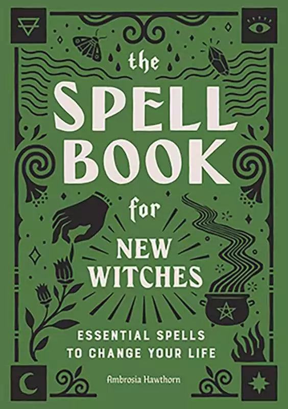 Spell Book for New Witches by Ambrosia Hawthorn — beginner witchcraft paperback book cover with botanical and moon phase design.
