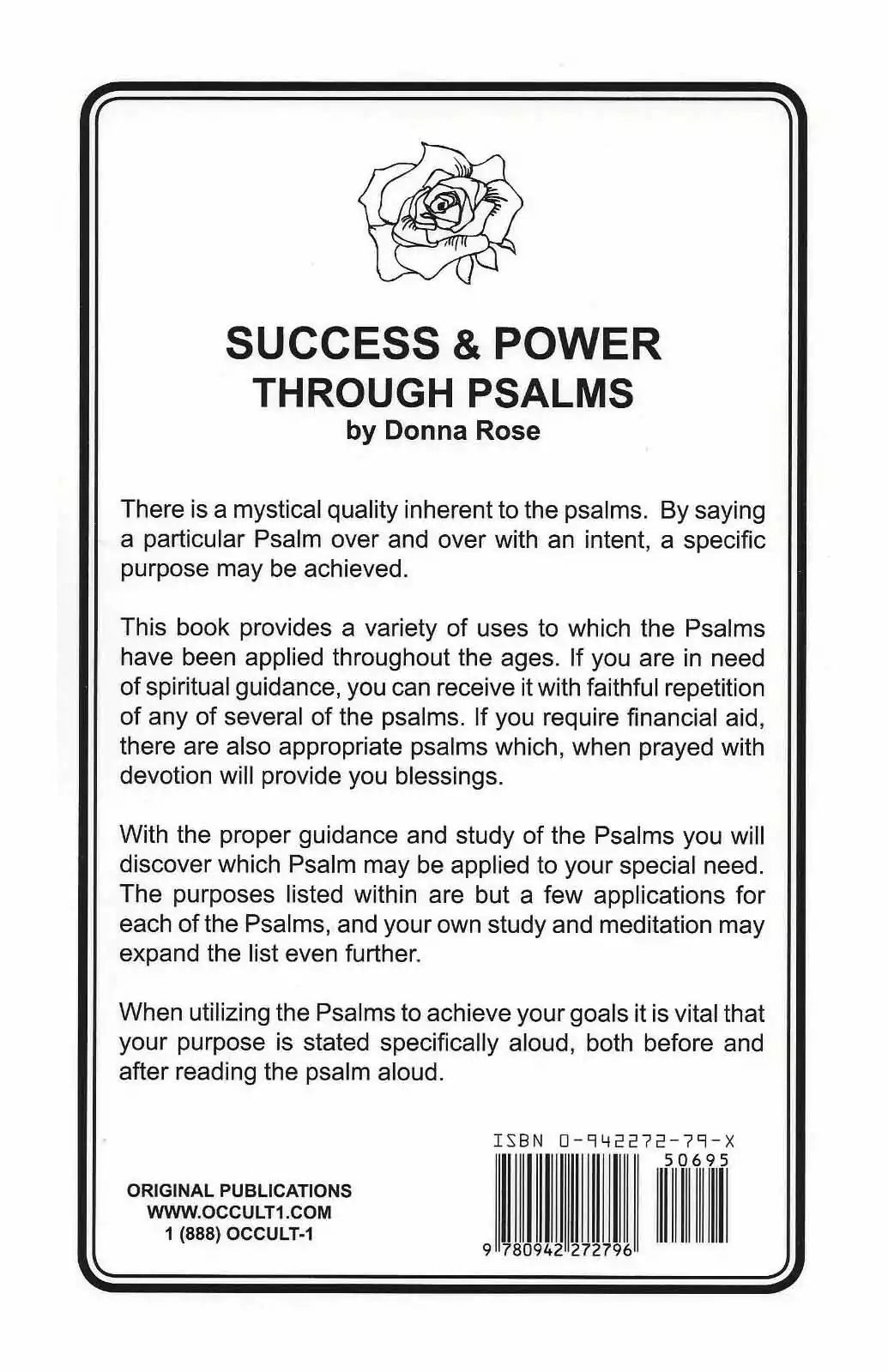 Back cover of Success &amp; Power Through Psalms by Donna Rose with rose illustration, author bio text, and barcode.