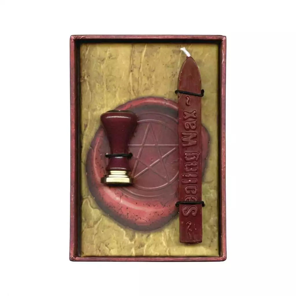 Pentagram sealing wax kit with red wax stick and five-pointed star stamp for Wiccan ritual letter sealing spell petitions and sacred document ceremony