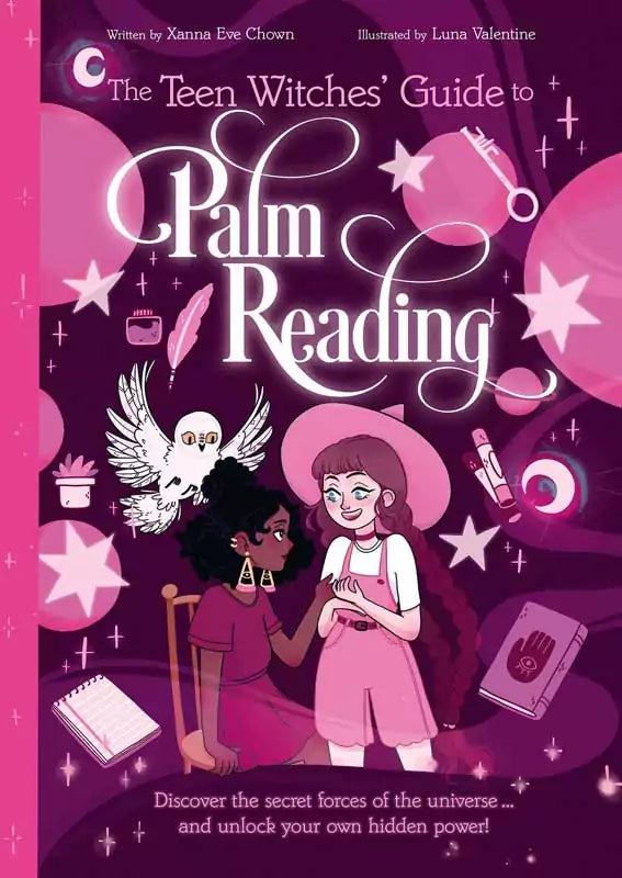Colorful book cover of Teen Witches Guide to Palm Reading by Chown and Valentine featuring two young witches exploring chiromancy and hand divination