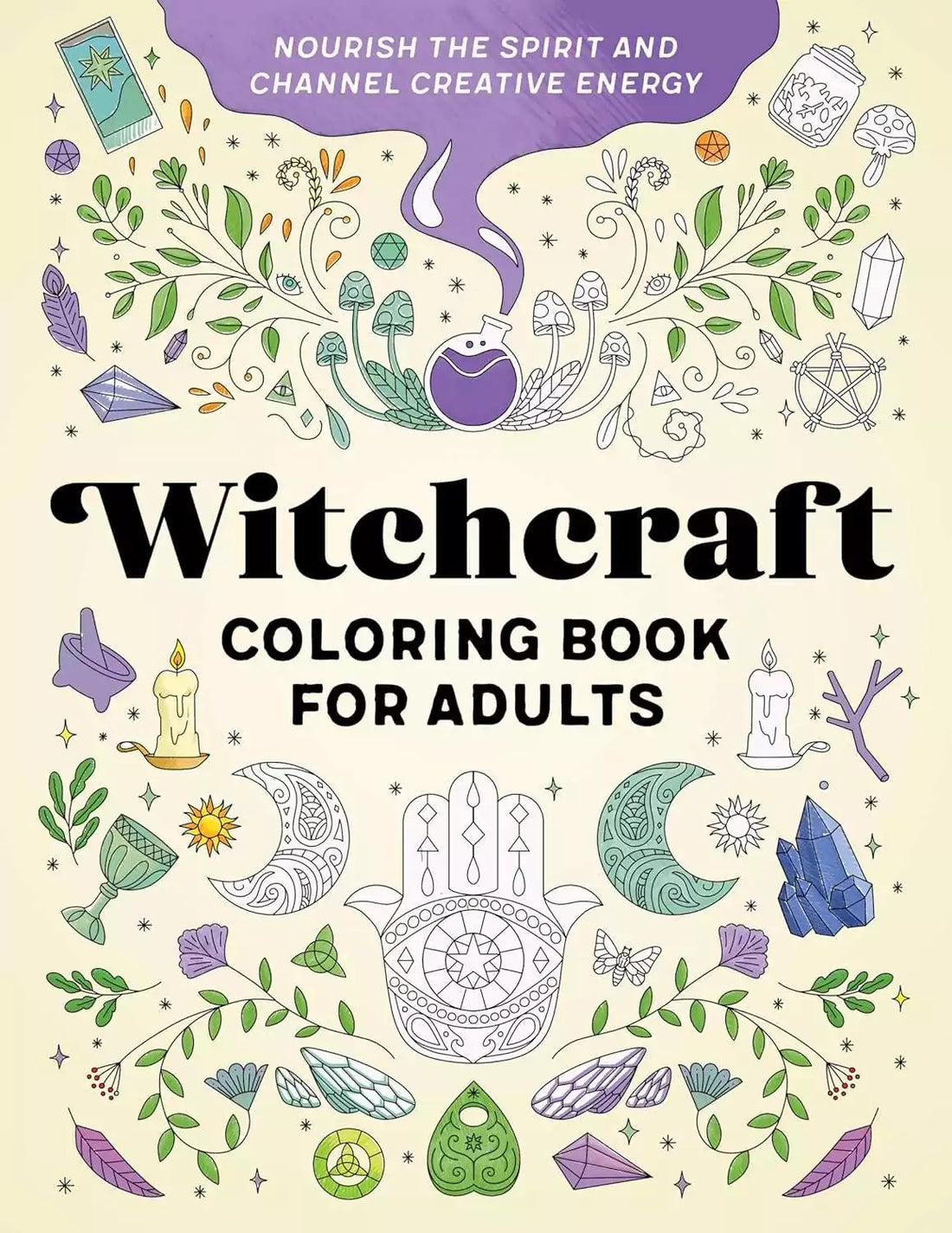 Witchcraft Coloring Book for Adults cover with crystals, moons, and plants — mystical symbols arranged on a light background for an adult coloring activity book.