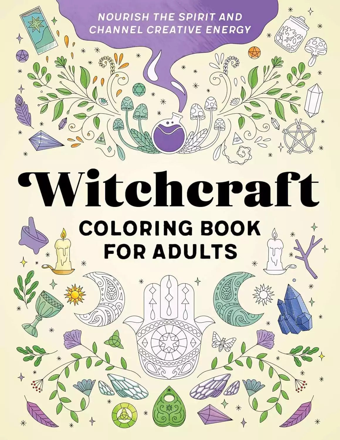 Witchcraft Coloring Book for Adults cover with crystals, moons, and plants — mystical symbols arranged on a light background for an adult coloring activity book.
