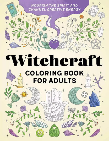 Witchcraft Coloring Book for Adults cover with crystals, moons, and plants — mystical symbols arranged on a light background for an adult coloring activity book.