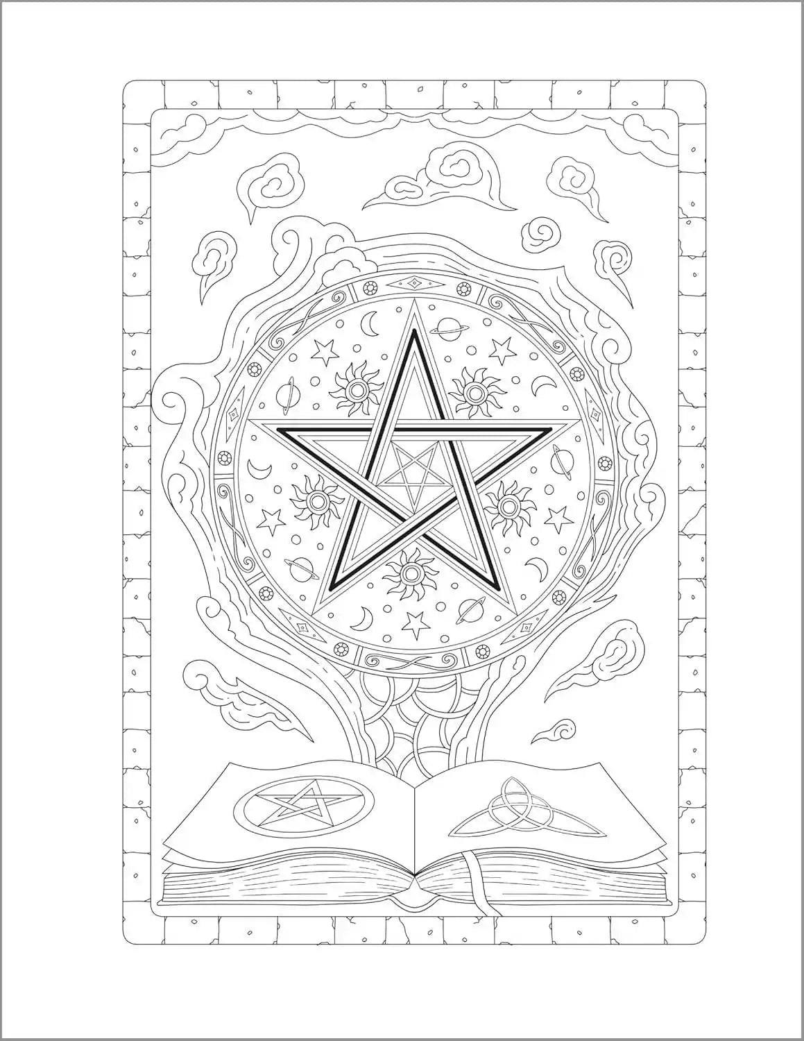 Detailed uncolored line drawing of a pentagram surrounded by celestial designs and an open book — full-page illustration from the witchcraft coloring book.