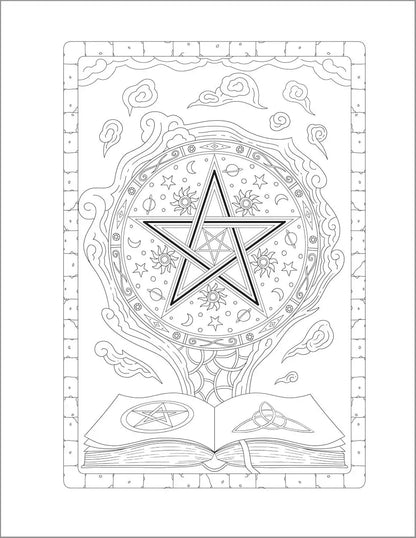 Detailed uncolored line drawing of a pentagram surrounded by celestial designs and an open book — full-page illustration from the witchcraft coloring book.