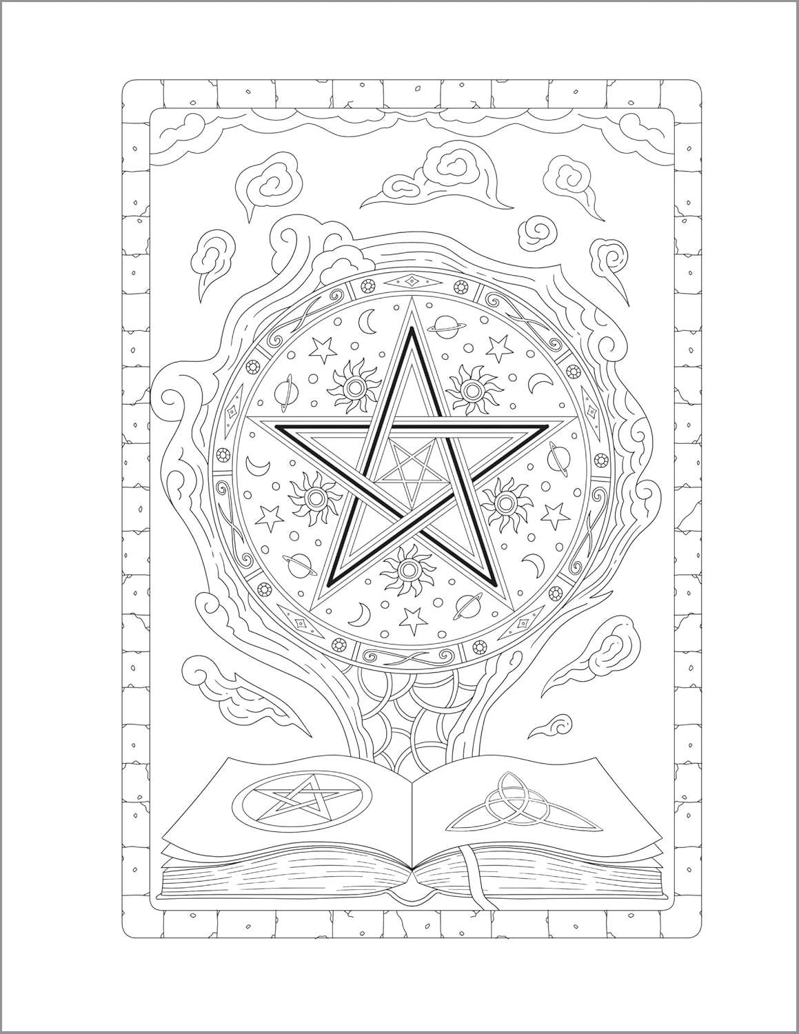 Detailed uncolored line drawing of a pentagram surrounded by celestial designs and an open book — full-page illustration from the witchcraft coloring book.