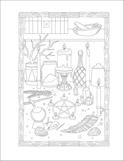 Detailed coloring page showing candles, jars, crystals, and a pentagram arranged on a wooden altar shelf — intricate witchcraft ritual supply illustration.