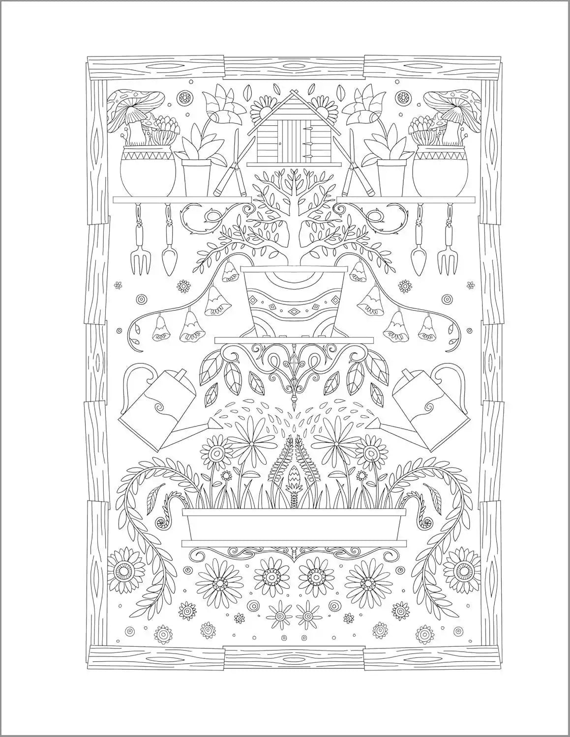 Detailed line drawing coloring page featuring potted plants, watering cans, and gardening tools in a decorative arrangement — garden-themed witchcraft illustration.