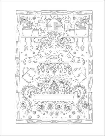 Detailed line drawing coloring page featuring potted plants, watering cans, and gardening tools in a decorative arrangement — garden-themed witchcraft illustration.