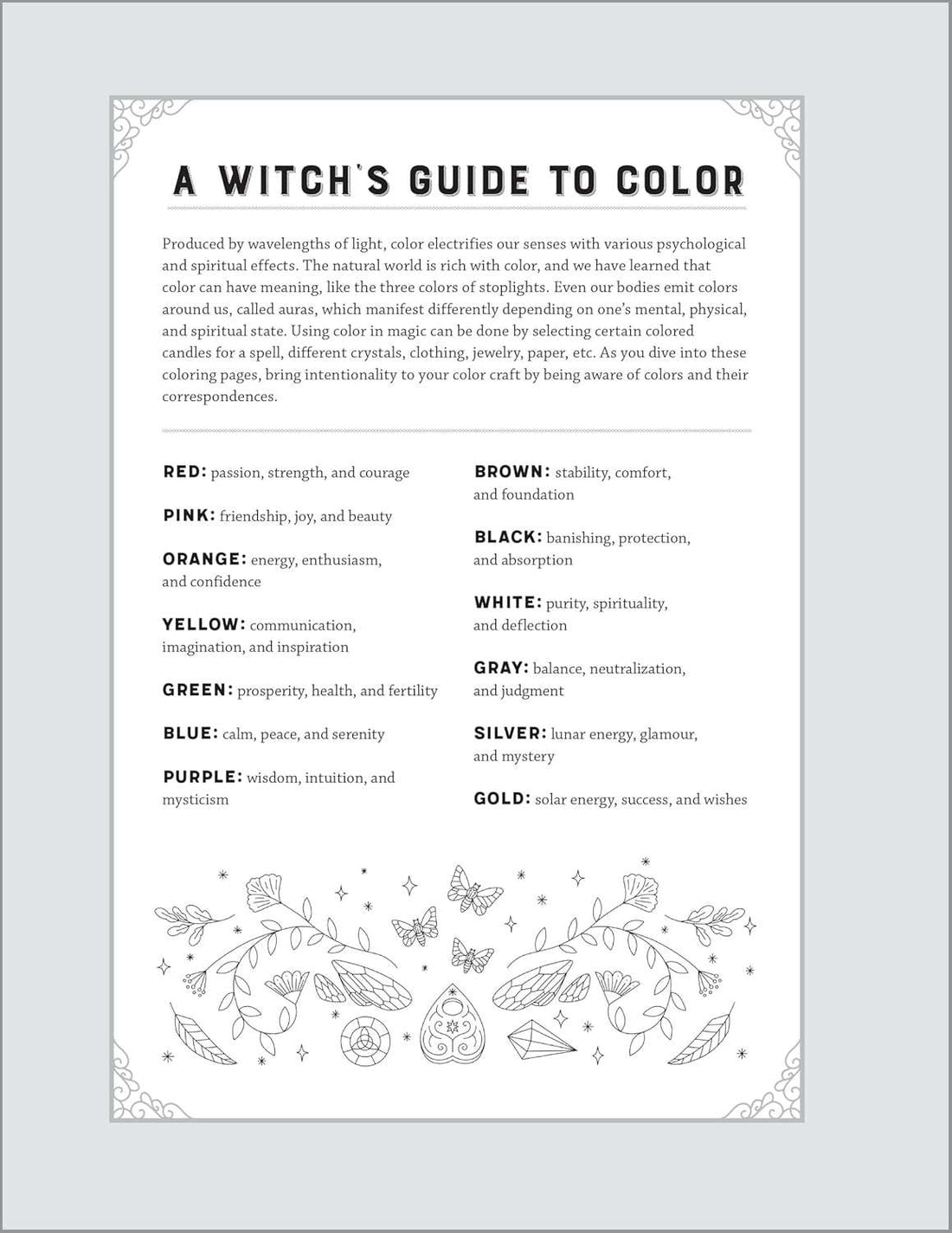 Interior color correspondence guide listing colors and their witchcraft attributes — decorative floral border with color meanings chart.
