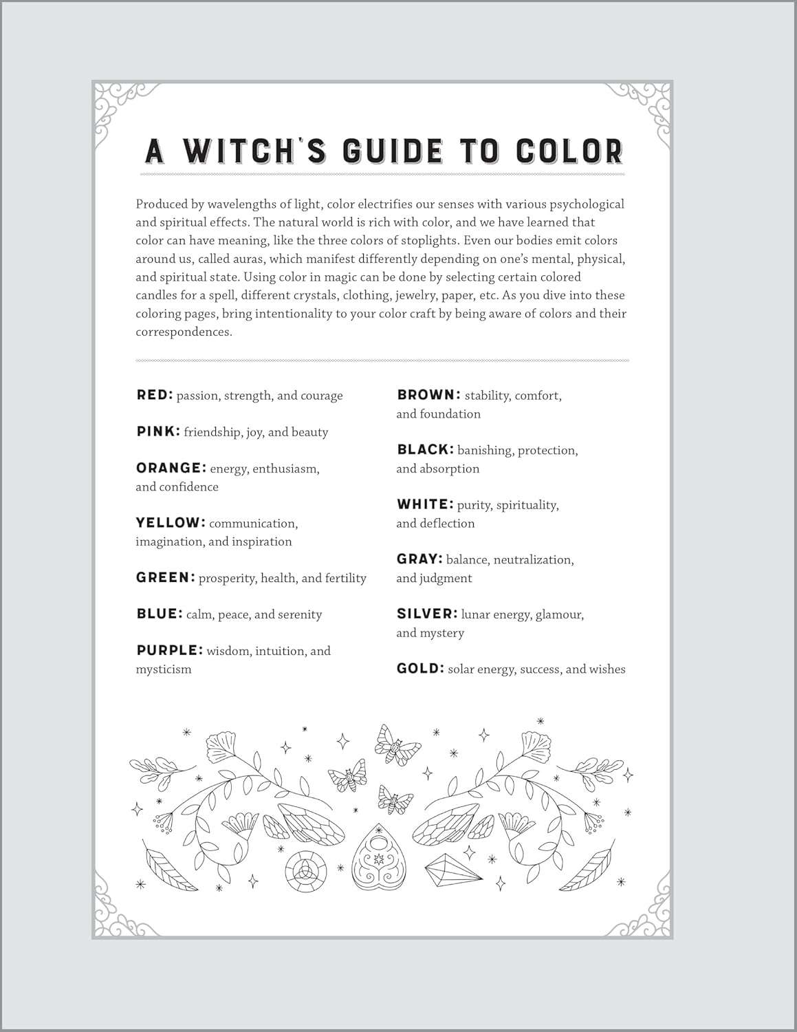 Interior color correspondence guide listing colors and their witchcraft attributes — decorative floral border with color meanings chart.