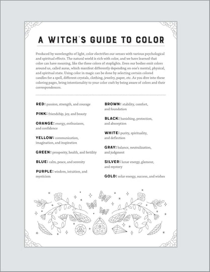 Interior color correspondence guide listing colors and their witchcraft attributes — decorative floral border with color meanings chart.