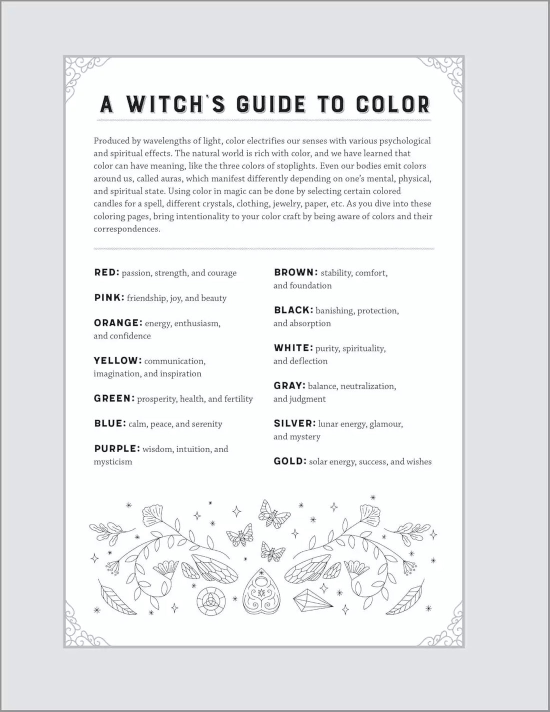 Interior color correspondence guide listing colors and their witchcraft attributes — decorative floral border with color meanings chart.