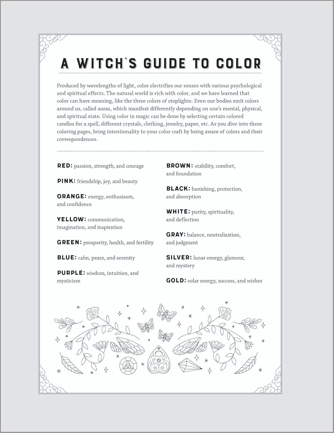 Interior color correspondence guide listing colors and their witchcraft attributes — decorative floral border with color meanings chart.
