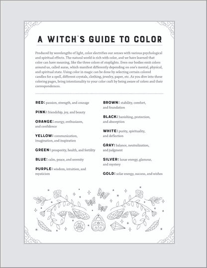 Interior color correspondence guide listing colors and their witchcraft attributes — decorative floral border with color meanings chart.