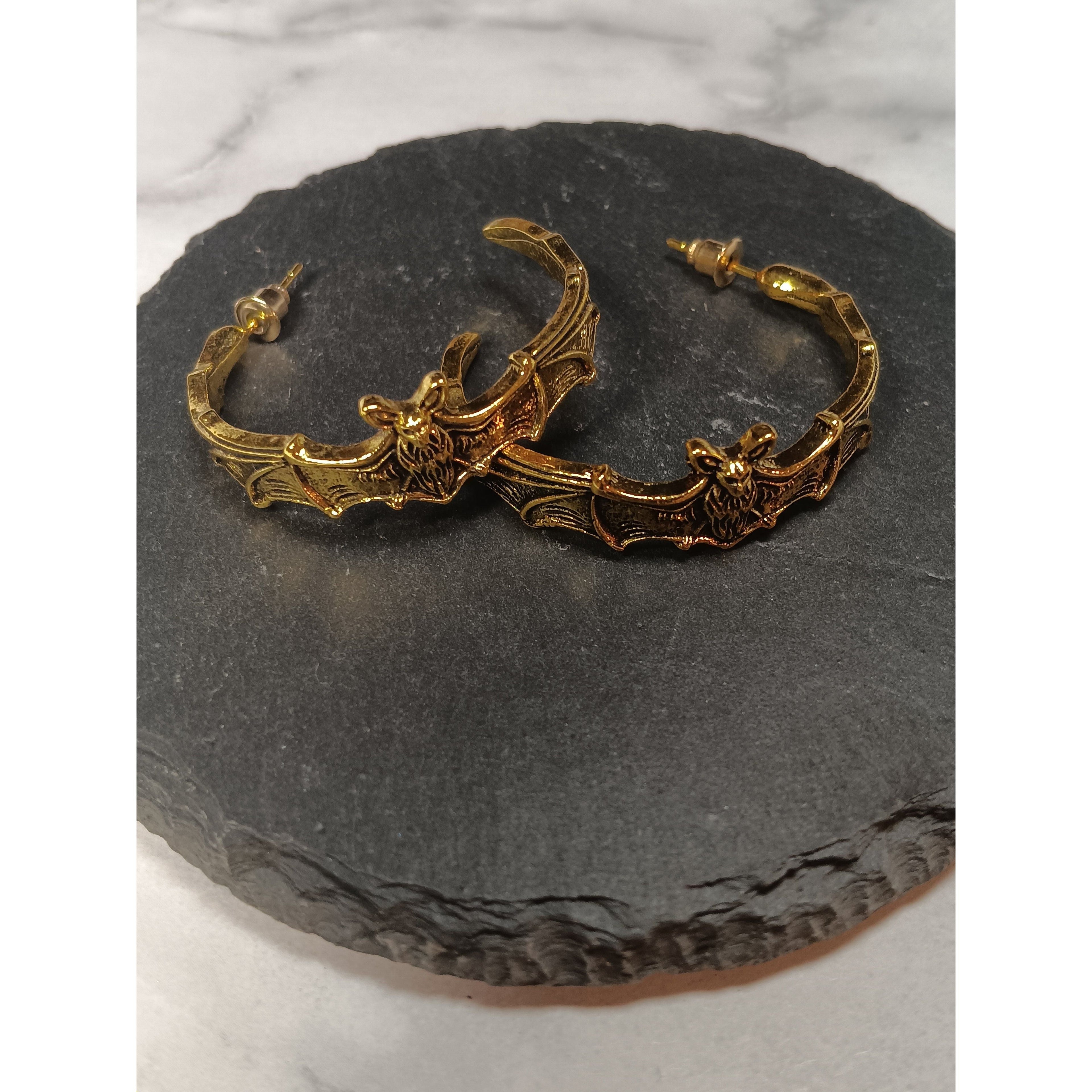 Gold Bat Wing Open Hoop Earrings – Gothic Statement Jewelry