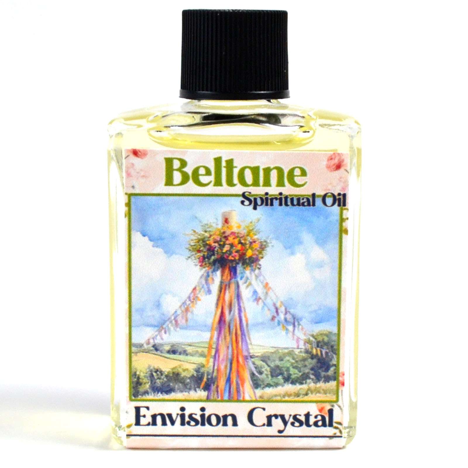 Small 4 dram glass ritual oil bottle labeled Beltane, photographed on a plain background.