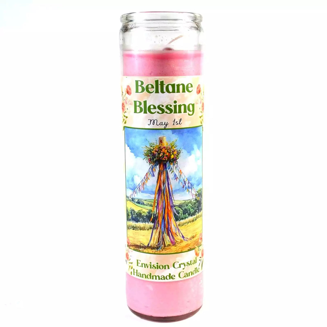 A glass jar ritual candle labeled Beltane aromatic candle with sabbat-themed artwork on the label, showing a wax-filled jar candle for May Day celebration