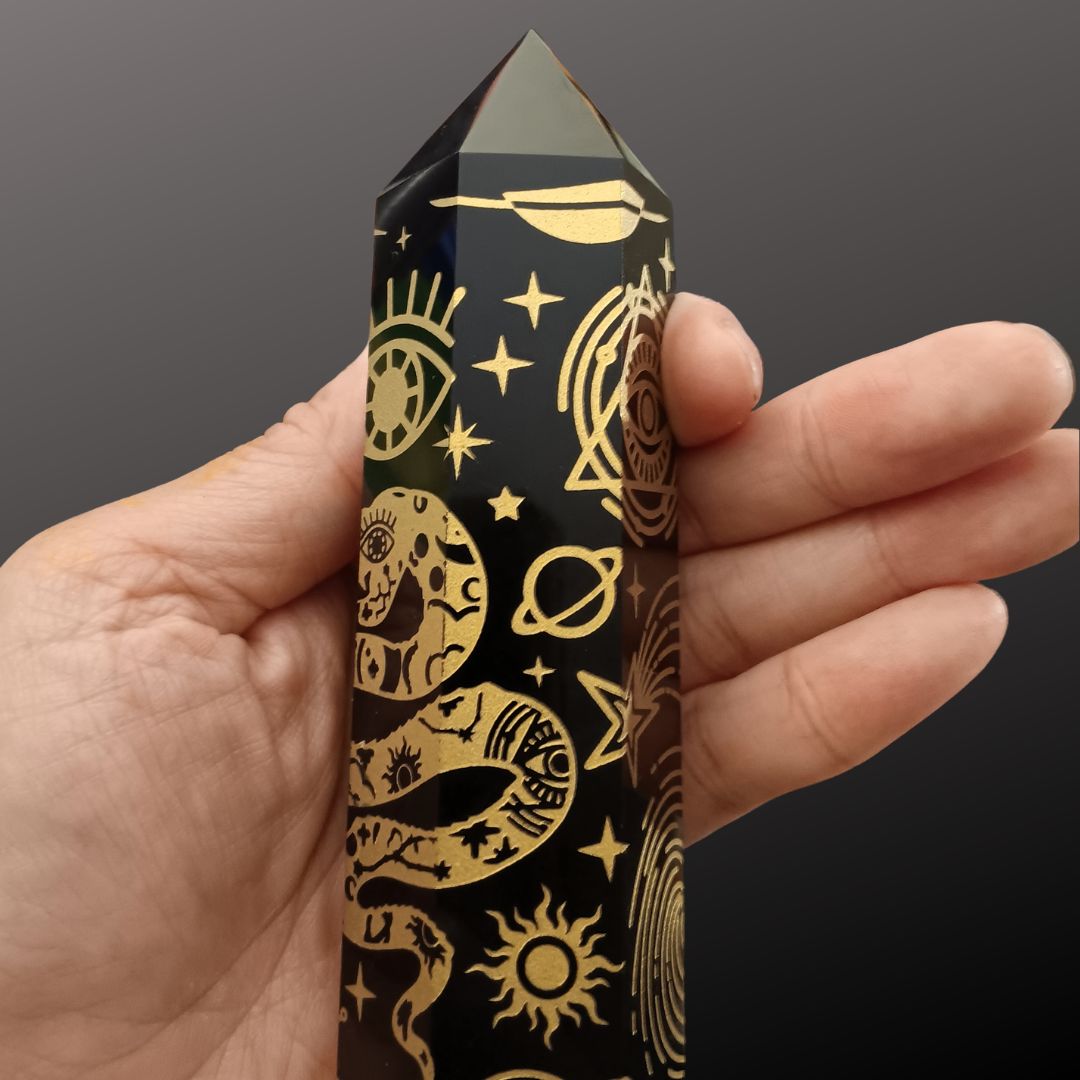 Black Obsidian Gold Celestial Tower – 5.25" Etched Protection Crystal Point