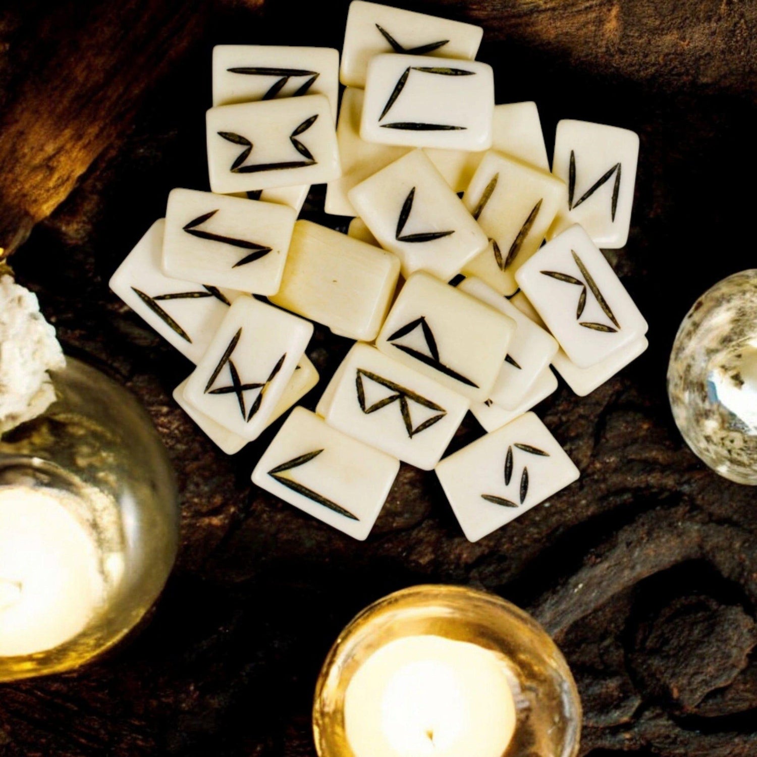 Water Buffalo Bone Rune Set with Info Sheet &amp; Velvet Pouch