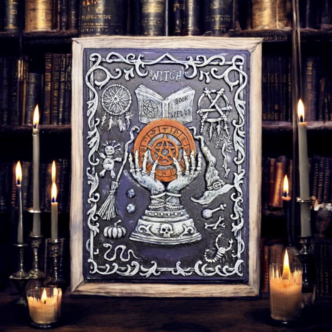 Book of Spells Tarot Box – Hand-Painted Cold Cast Resin Storage for Cards, Runes &amp; Keepsakes