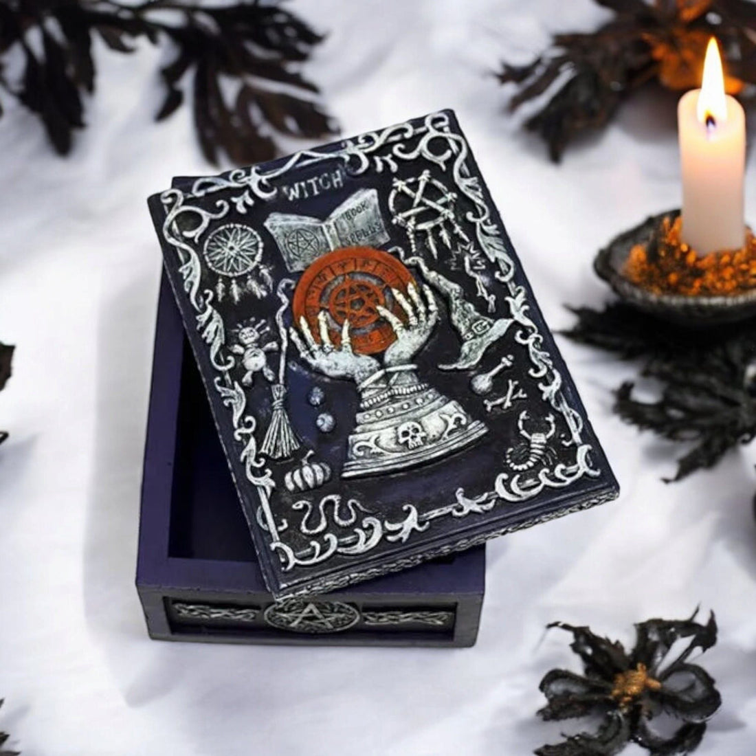 Book of Spells Tarot Box – Hand-Painted Cold Cast Resin Storage for Cards, Runes &amp; Keepsakes