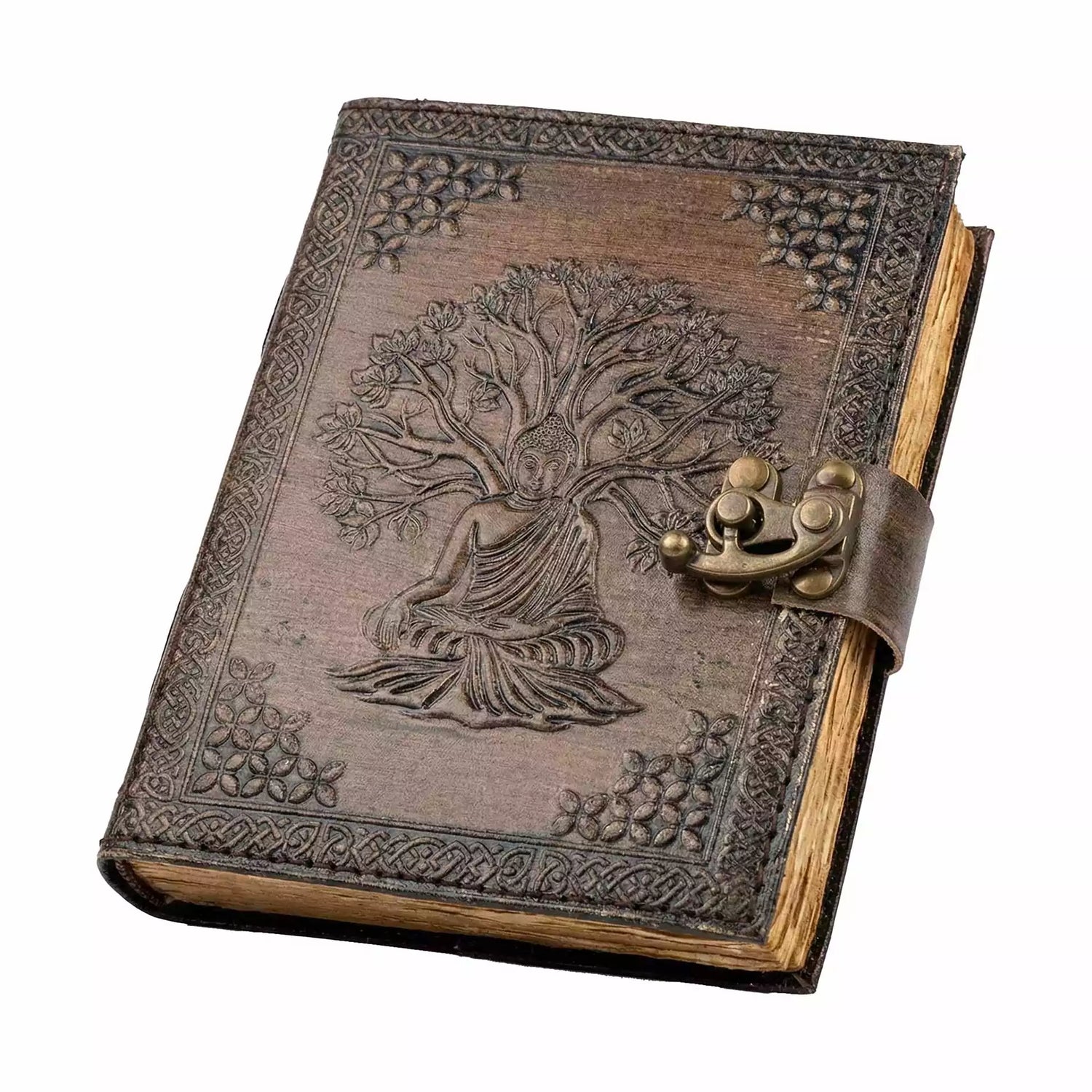 Buddha Tree of Life embossed leather journal with latch closure showing detailed leather cover with Buddhist and nature symbolism for spiritual journaling
