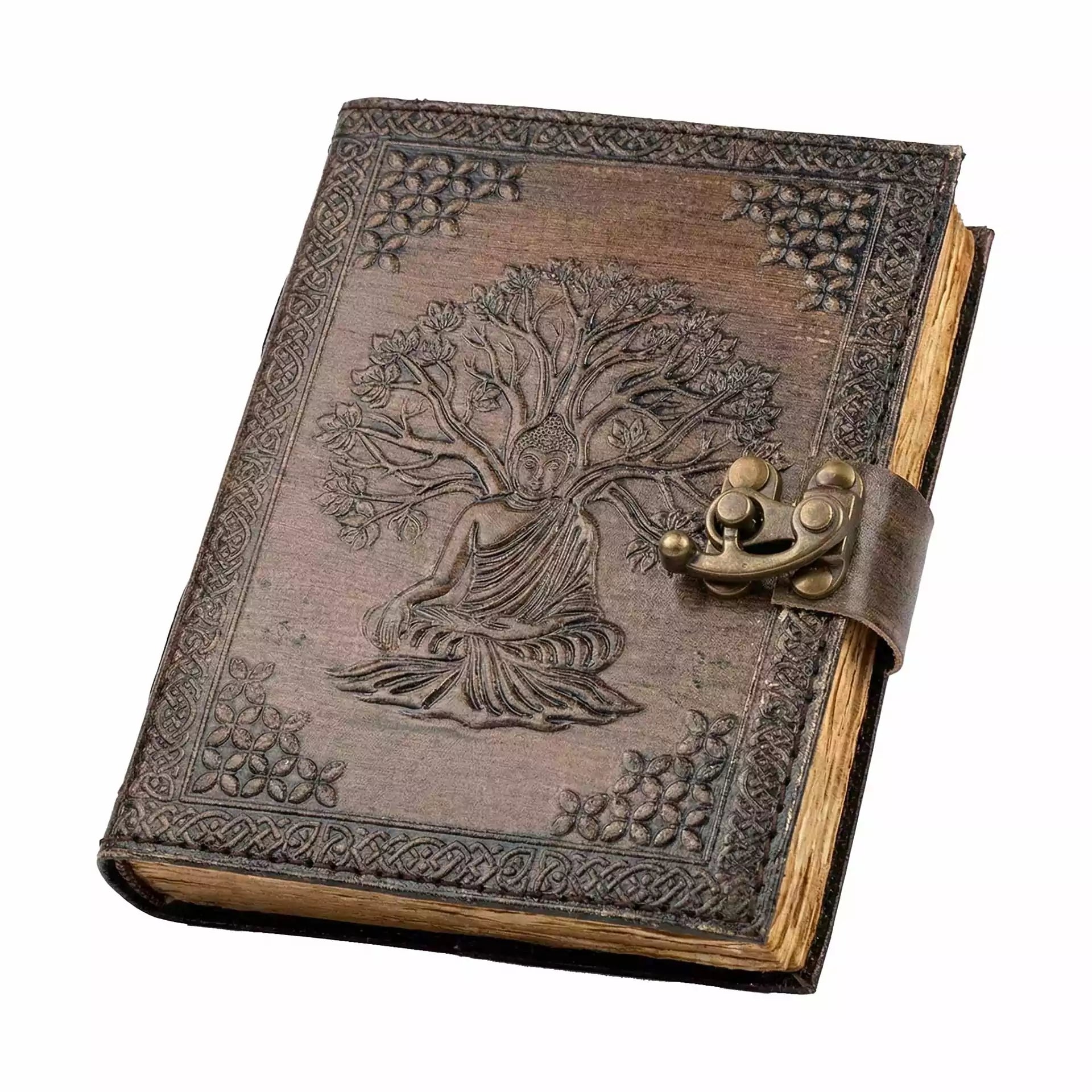 Buddha Tree of Life embossed leather journal with latch closure showing detailed leather cover with Buddhist and nature symbolism for spiritual journaling